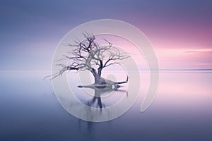 a lone tree in the middle of a lake at sunset