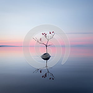 a lone tree in the middle of a lake at sunset