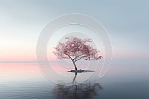 a lone tree in the middle of a lake at sunset