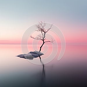 a lone tree in the middle of a lake at sunset