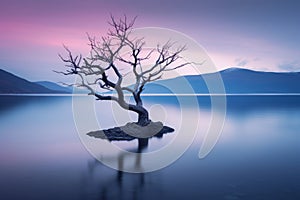 a lone tree in the middle of a lake at sunset