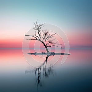 a lone tree in the middle of a lake at sunset