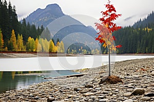 a lone tree in the middle of a lake surrounded by mountains