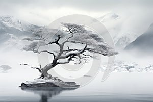 a lone tree in the middle of a lake surrounded by mountains