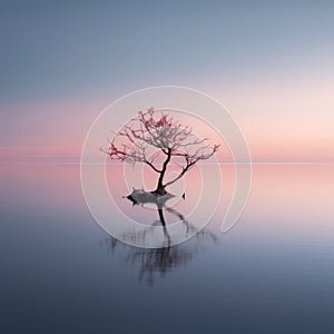 a lone tree in the middle of the ocean at sunset