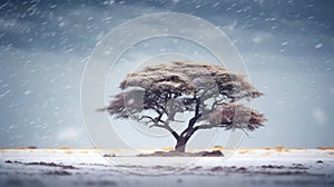 A lone tree in the middle of a snow covered field, AI