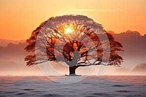 a lone tree in the middle of a snowy field at sunrise