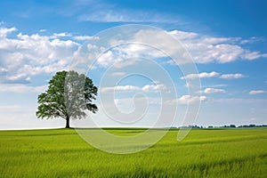 a lone tree in an open green field