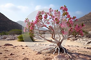 Lone tree with pink flower in an arid landscape AI generated