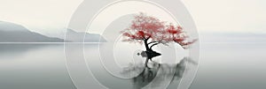 Lone tree with red leaves on lake in mist, panoramic minimalist landscape. Peaceful nature background. Concept of art, beauty,