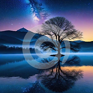 lone tree is reflected in the still water of lake under night sky filled