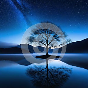 lone tree is reflected in the still water of lake under night sky filled