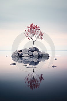 Lone tree on rocks in water, vertical view. Minimalist landscape with small stone island on lake, peaceful nature in autumn.