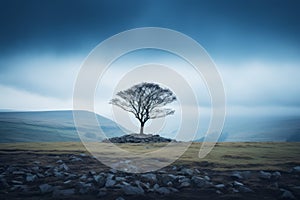 a lone tree on a rocky hill in the middle of a cloudy sky