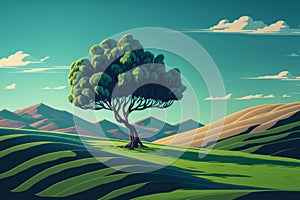 lone tree in a serene, pristinely green and blue landscape photo