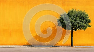 A lone tree on a sidewalk next to an orange wall, AI