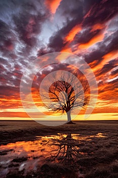 lone tree silhouette against dramatic sunset sky