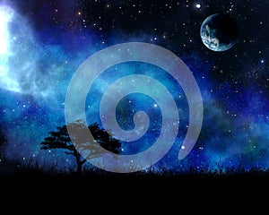 Lone tree silhouette under starry nebula sky