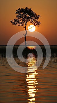 Lone tree silhouetted against a sunset reflected in the still waters of a marsh
