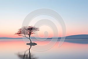 a lone tree sits on the edge of a lake at sunset