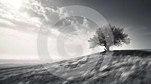 a lone tree sitting on top of a hill under a cloudy sky