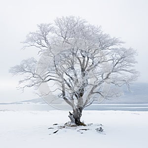 a lone tree in the snow on a snowy day