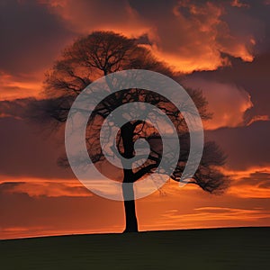 A lone tree standing on a hill, silhouetted against a fiery sunset sky4