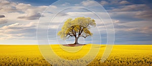 A lone tree standing tall in a vibrant yellow field, under the vast sky