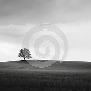 A lone tree stands alone in a field. Generative AI image.