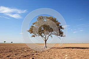 a lone tree stands alone in the middle of an arid landscape