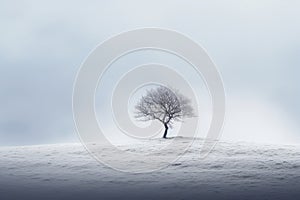 a lone tree stands alone on a snowy hill