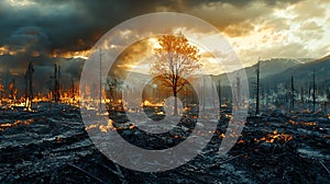 A lone tree stands amidst a blazing wildfire with a dramatic sky