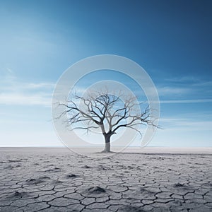 a lone tree stands in the middle of an arid landscape