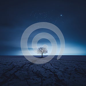 a lone tree stands in the middle of a field at night