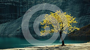 a lone tree stands on a rock near a lake