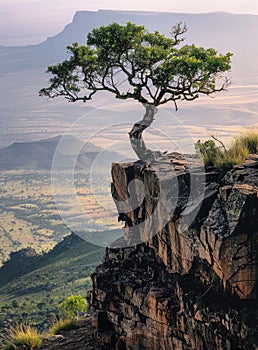 A lone tree stands on a rocky cliff overlooking a vast, empty plain