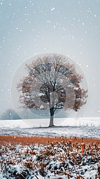 Lone Tree Stands in Snowy Field