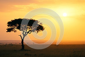 A lone tree stands tall in the center of an expansive field, surrounded by open space and under a clear sky, The silhouette of a