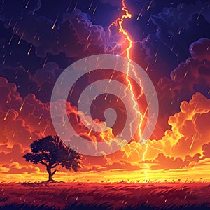 A lone tree stands tall in a vast field as a powerful lightning bolt strikes the sky above, illuminating the landscape