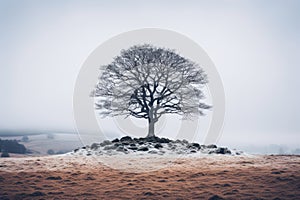 a lone tree stands on top of a hill in the middle of a foggy day