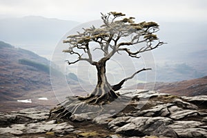 a lone tree stands on top of a rocky hill