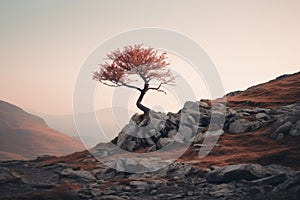 a lone tree stands on top of a rocky hill