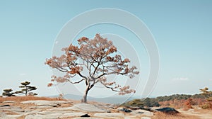 a lone tree stands on top of a rocky hill