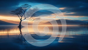 a lone tree in the still water of a lake at sunset or dawn with mountains in the background.