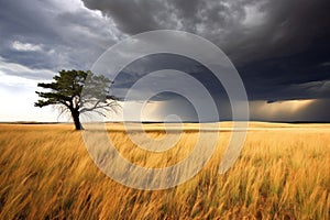 a lone tree is surrounded by long yellow grass, under a dark sky