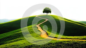 A lone tree on top of a green hill with a dirt road going through it