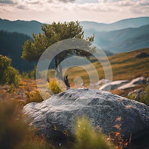 lone tree on top of large rock in alpine area with mountains