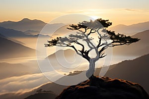 a lone tree on top of a mountain at sunrise