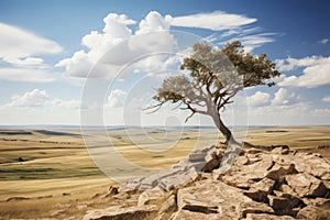 a lone tree on top of a rocky hill