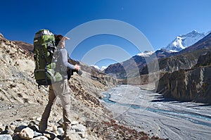 Lone trekker with a backpack